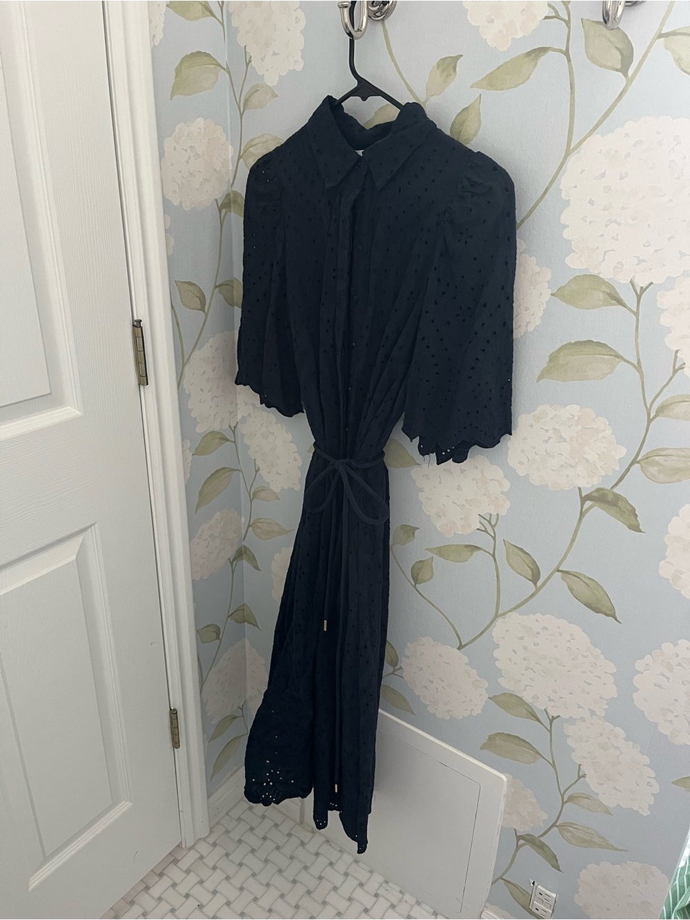 Navy H&M Eyelet Midi Dress with Tie Waist